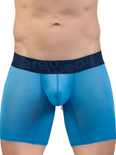 Blue sheer men’s boxer briefs with dark blue aerogear waistband from ergowear ew1823 max bold se in river blue color
