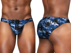 ErgoWear ew1824 feel sw swim bikini in dark blue with blue and black palm tree pattern swim trunks front view