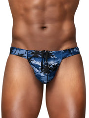 Ergowear ew1824 feel sw dark blue swim bikini with blue tropical palm pattern and black drawstring waistband