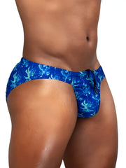 Blue swim trunks with vibrant tropical leaf pattern and black drawstring from ergowear ew1826 feel sw collection