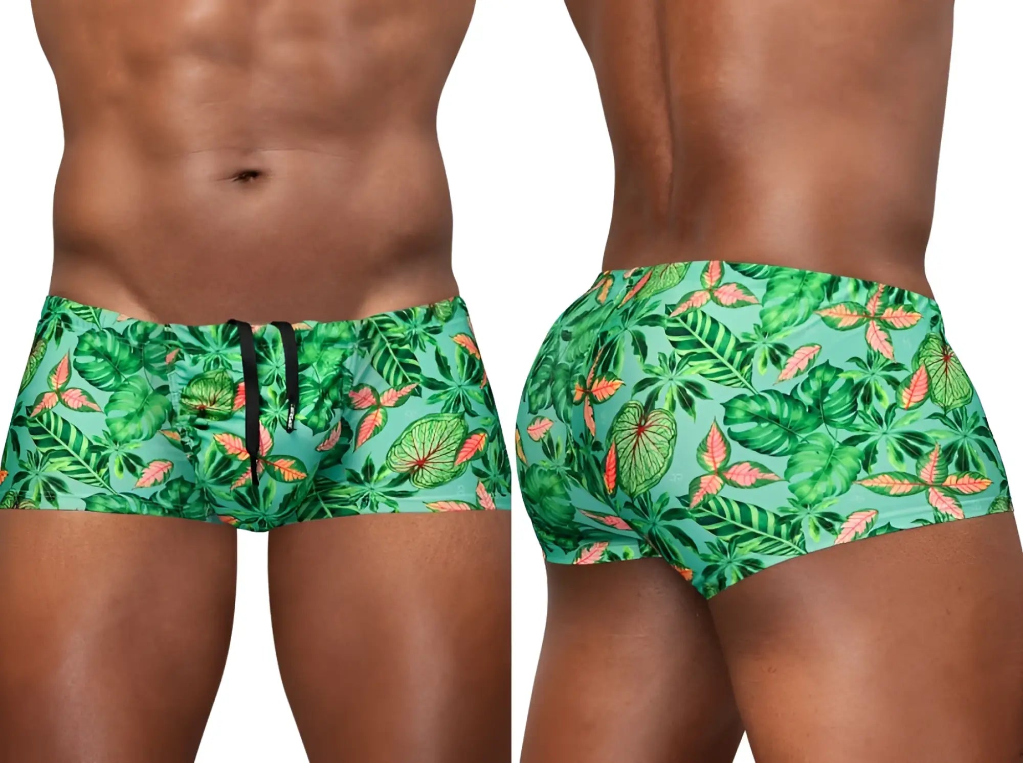 Ergowear ew1829 feel sw aqua-leaves swim trunks with vibrant tropical teal green leaf pattern and orange accents
