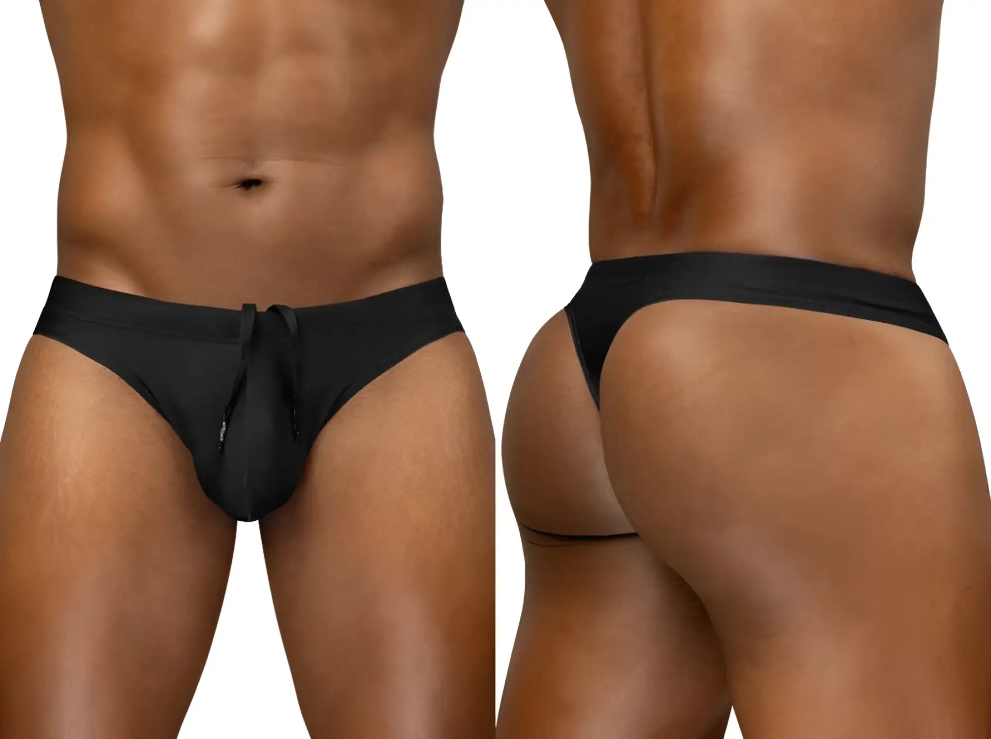 Ergowear ew1830 x4d sw black sleek form-fitting thong underwear with drawstring waistband shown from the back