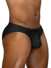 Black satin swim bikini briefs with drawstring waistband and small brand tag side by ergoWear ew1831 x4d sw