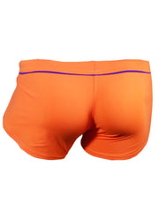 Bright orange Ernesto square trunk swim trunks with purple waistband trim for beach and pool use