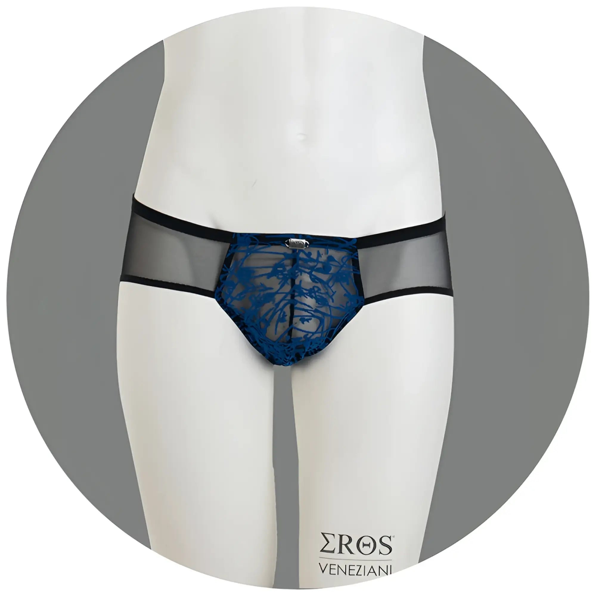 Blue lace eros veneziani push up bikini underwear with black waistband and sheer mesh panels size l/xl