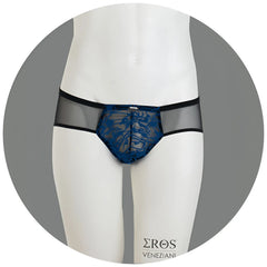 Blue lace eros veneziani push up bikini underwear with black waistband and sheer mesh panels size l/xl
