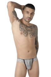 Silver lace thong with black trim in eros veneziani pearl grey brazilian brief underwear showing back side