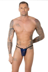 Blue lace thong with black trim lace g string underwear by eros veneziani in size m/l shown from the back side