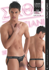 Black eros veneziani 7040 suspenders briefs with a thin elastic waistband featuring the brand logo in white lettering