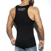 Black es collection basic tank top with white embroidered branding on the back in a lightweight fabric
