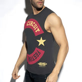 Black sleeveless tank top with bold red circuit festival text yellow star and .es logo charcoal size L from ES Collection