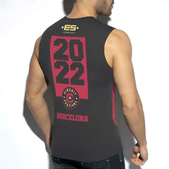 Black sleeveless tank top with bold pink and black 2022 barcelona graphic from ES Collection Circuit Festival in charcoal