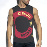 Black sleeveless tank top with bold red and gold circuit festival graphic and star by es collection size l