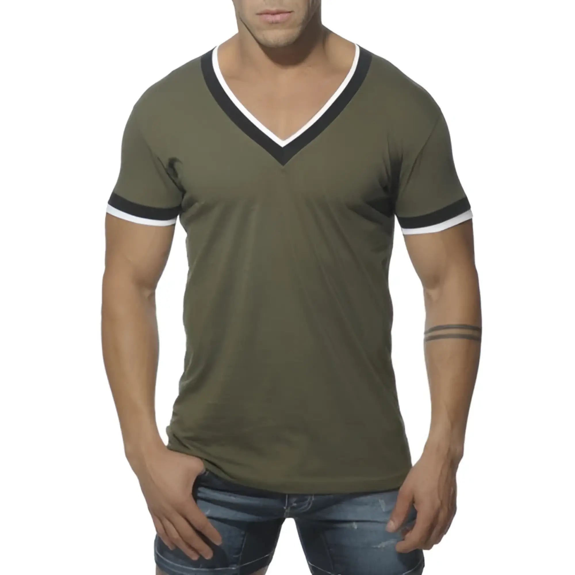 Olive green es collection v neck short sleeve t shirt with black and white trim in size m khaki ts103