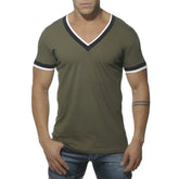 Olive green es collection v neck short sleeve t shirt with black and white trim in size m khaki ts103