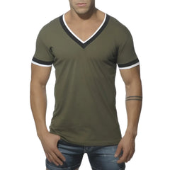 Olive green es collection v neck short sleeve t shirt with black and white trim in size m khaki ts103