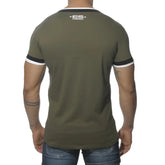 Es collection double binding v neck short sleeved t shirt in olive green with black and white trim and logo in size m
