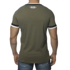 Es collection double binding v neck short sleeved t shirt in olive green with black and white trim and logo in size m