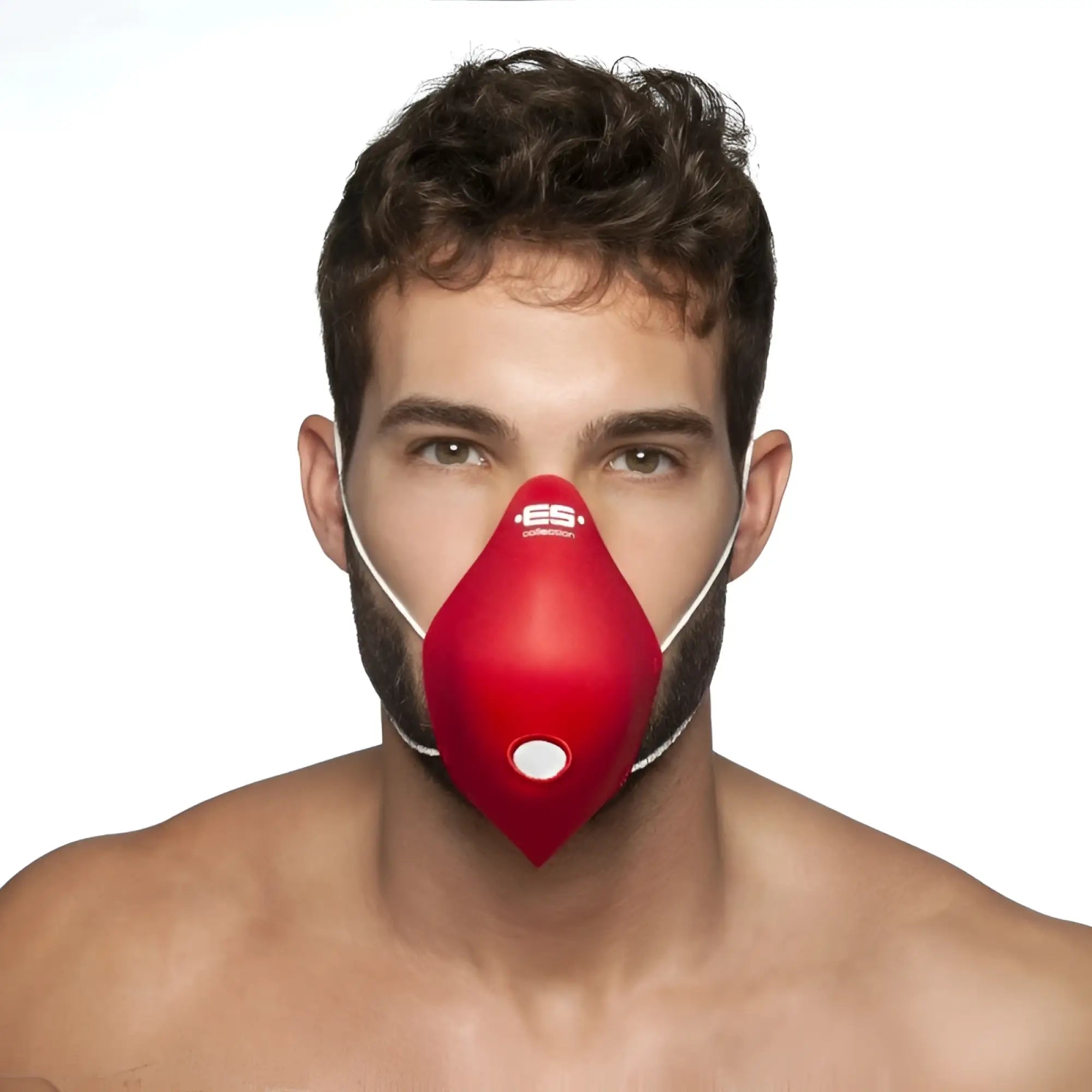 Es collection red face mask with white elastic straps and central circular vent size one size