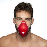 Es collection red face mask with white elastic straps and central circular vent size one size