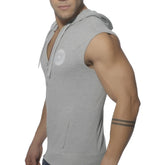 Es collection pique hoody sleeveless sweater in heather grey with full zip hood and circular chest logo size m