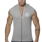Es collection pique hoody sleeveless sweater in heather grey with red zipper trim and white embroidered logo on chest