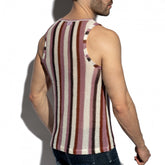 Back view of a man wearing an ES Collection Topkapi violet tank top with vertical stripes.