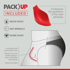 Red silicone male enhancement device shaped for classic swim brief fit and comfort