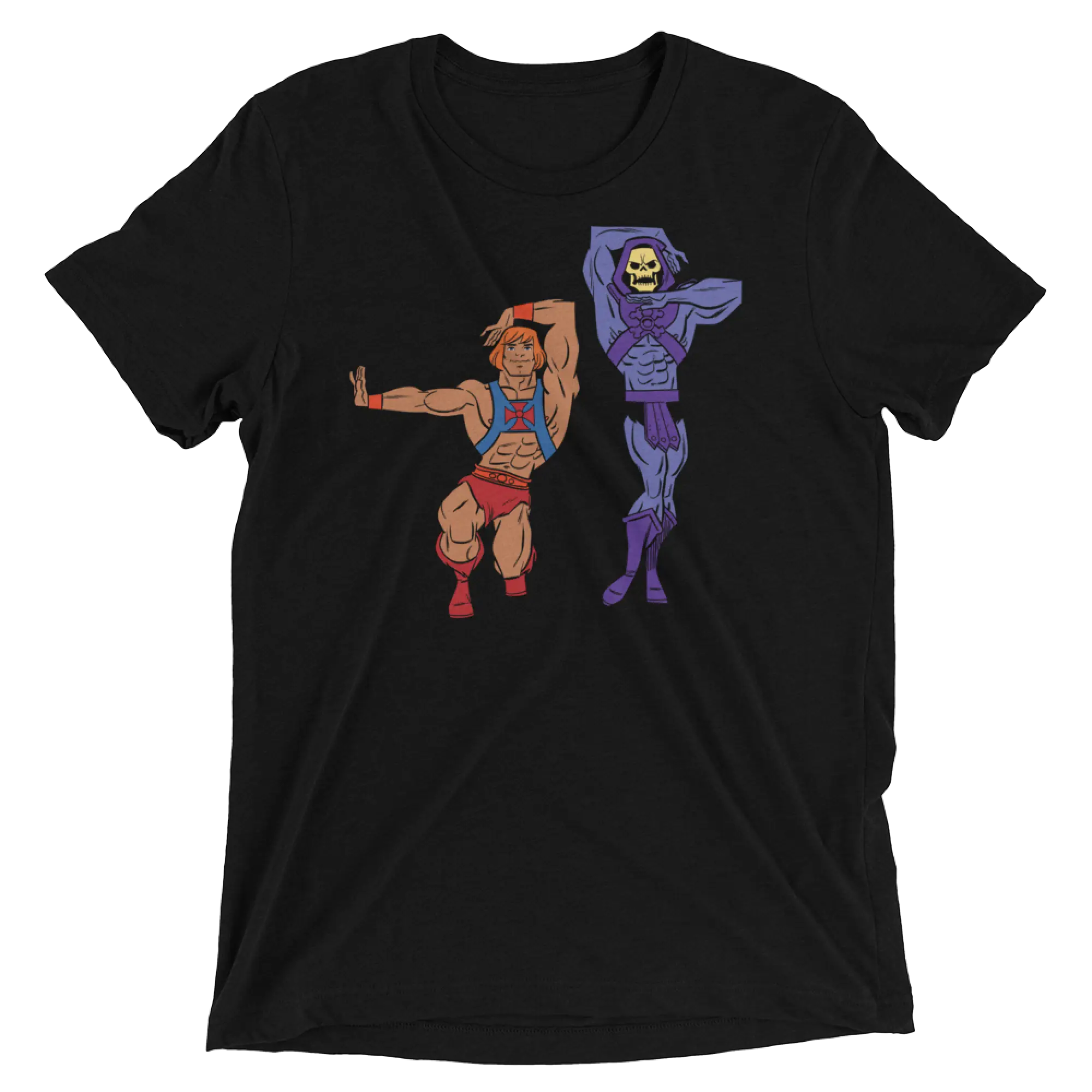 Black short-sleeved t-shirt featuring colorful he-man and skeletor graphic from eternia is burning collection