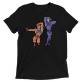 Black short-sleeved t-shirt featuring colorful he-man and skeletor graphic from eternia is burning collection