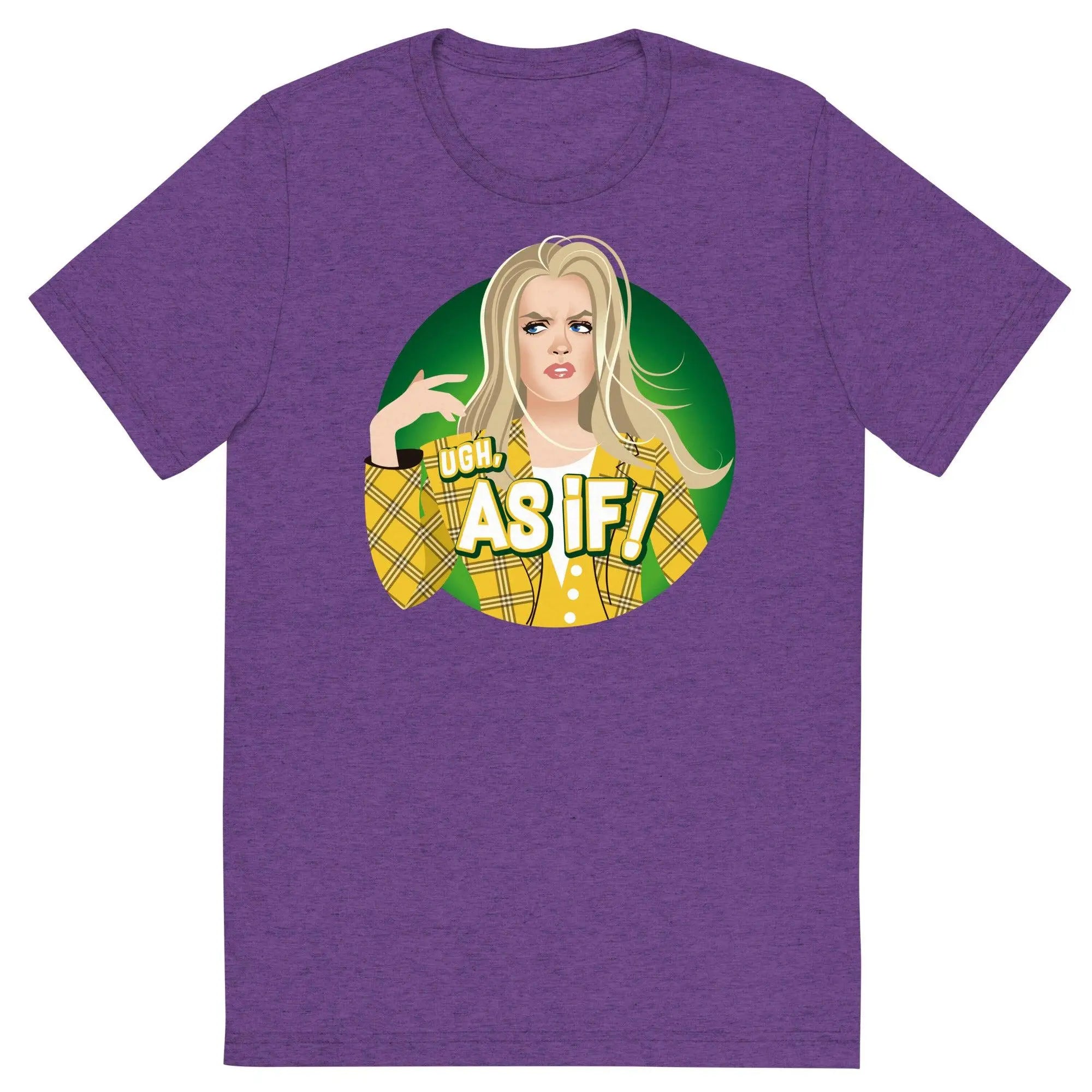 Purple heathered t-shirt with a circular graphic of a blonde woman in a yellow plaid jacket and text ugh as if