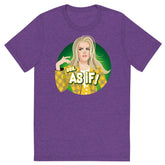 Purple heathered t-shirt with a circular graphic of a blonde woman in a yellow plaid jacket and text ugh as if