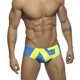 Extra-large logo brief swim trunks with blue and neon yellow geometric pattern for swimming and beachwear