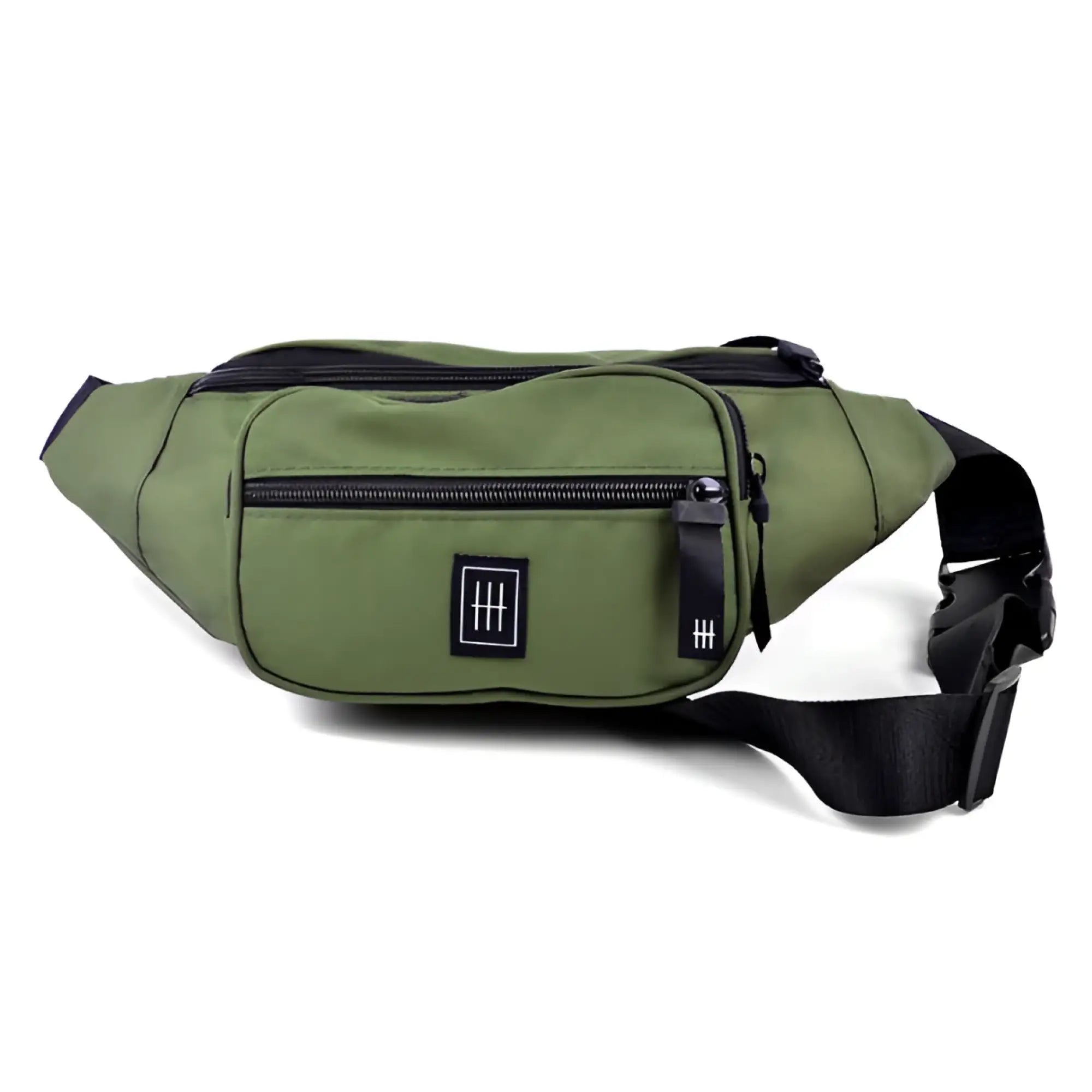 Olive green canvas fanny pack with black zippers and a minimalist logo patch for hands free carrying