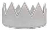 White faux leather crown with stitched edges and pointed triangular peaks for costume or decoration