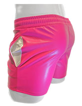 Vibrant pink faux leather shorts with a shiny holographic finish and an elastic waistband for a bold look