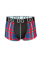 Festive comfort men’s cotton trunk featuring blue red and white plaid boxer briefs with black panel and ug waistband