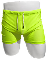 Neon green fine mesh short swim trunks with white drawstrings and black aglets ideal for swimming and beachwear