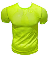 Bright neon yellow fine mesh tee moisture-wicking athletic shirt with subtle textured pattern for activewear