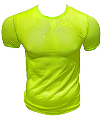 Bright neon yellow fine mesh tee moisture-wicking athletic shirt with subtle textured pattern for activewear