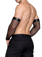 Black fishnet arm band with faux leather trim featuring mesh design and adjustable fit for edgy style