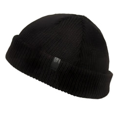 Black ribbed knit fisherman dock beanie with folded cuff and small embroidered logo available in 4 colors