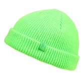 Neon green ribbed knit fisherman dock knit cuff beanie with a folded cuff and small logo tag in 4 colors available
