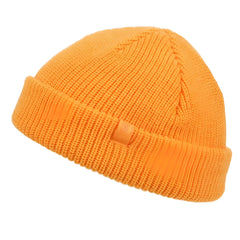 A vibrant orange ribbed knit fisherman dock knit cuff beanie with folded cuff and matching fabric tag visible
