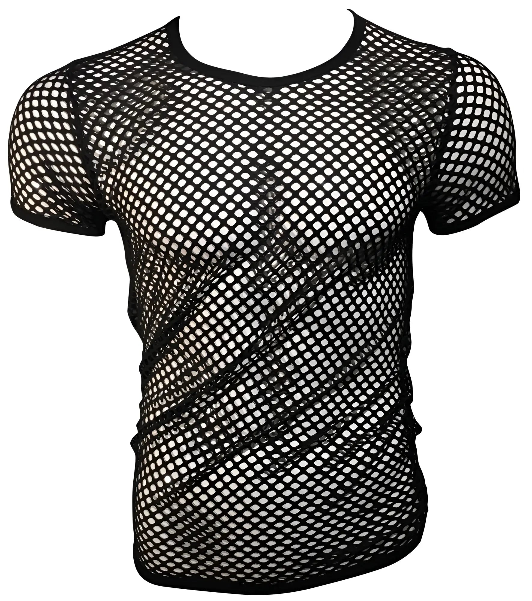 Black mesh fishnet tee with short sleeves and a round neckline for casual wear