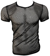 Black mesh fishnet tee with short sleeves and a round neckline for casual wear