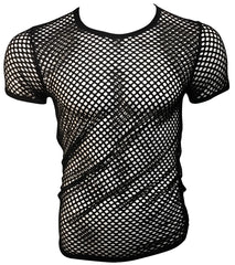 Black mesh fishnet tee with short sleeves and a round neckline for casual wear