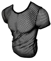 Black fishnet tee with short sleeves and round neckline made of mesh material for a stylish breathable look