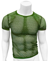 Green fishnet tee with short sleeves round neckline and solid green trim made of mesh material