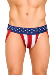 Red white and blue american flag themed fizx james knit jockstrap with striped body and star-patterned waistband